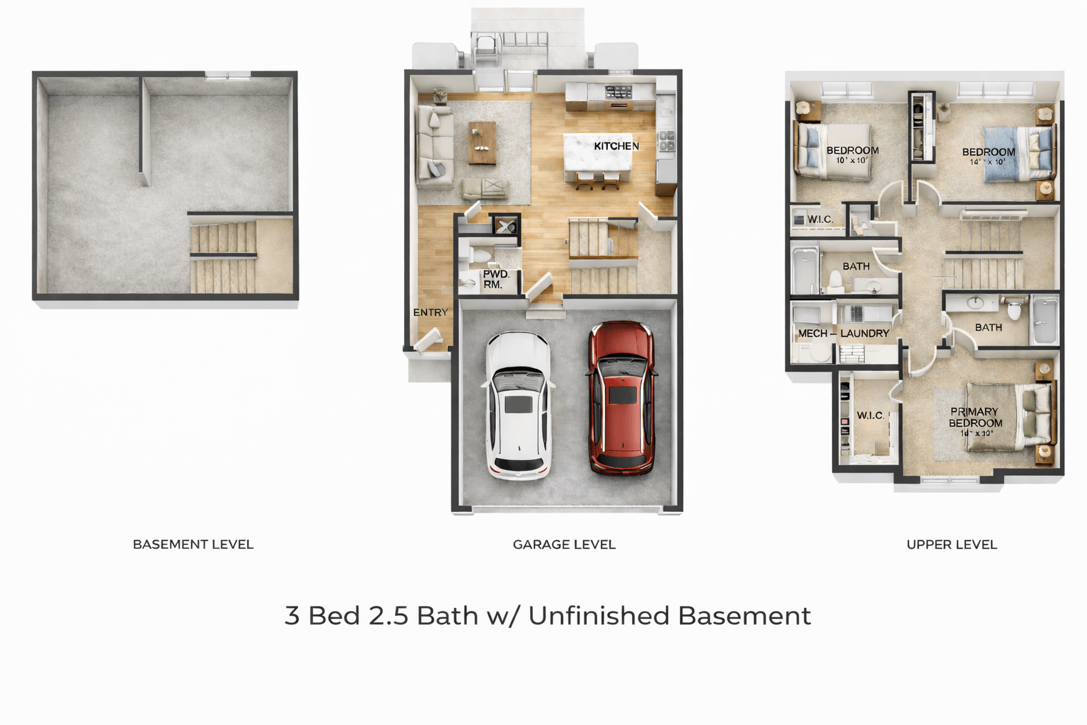 Three floor plan images of a 3 Bed 2.5 Bath with Unfinished Basement.